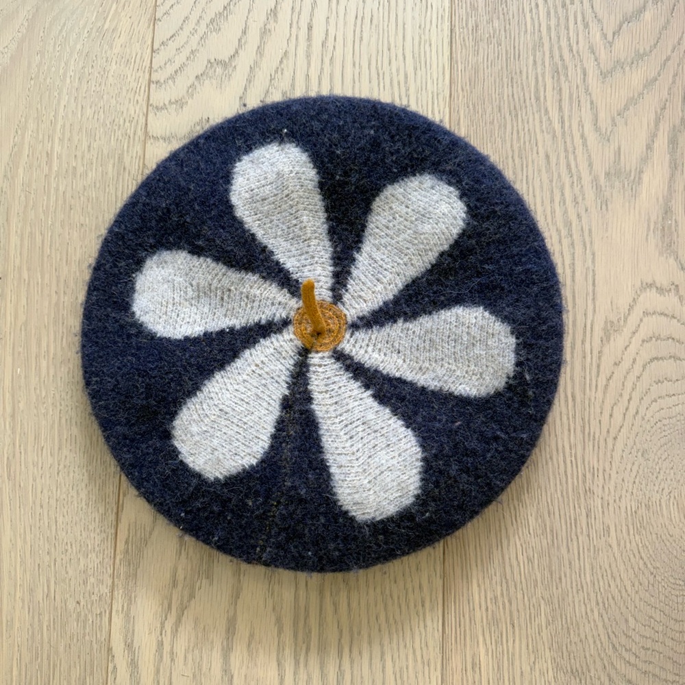 Navy and White Wool Beret with Flower Design